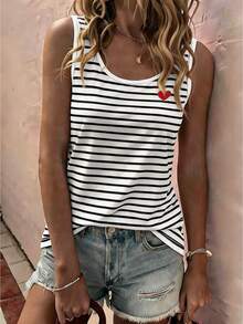 EMERY ROSE Women's Striped Heart Print Vintage Fashion Casual Basic Tank Top, U-Neck, White - Multicolor - View 3