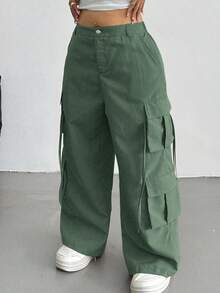 SHEIN CURVE+ Plus Size Women Casual Button Utility Pants, Versatile For Daily Wear - Green - View 5