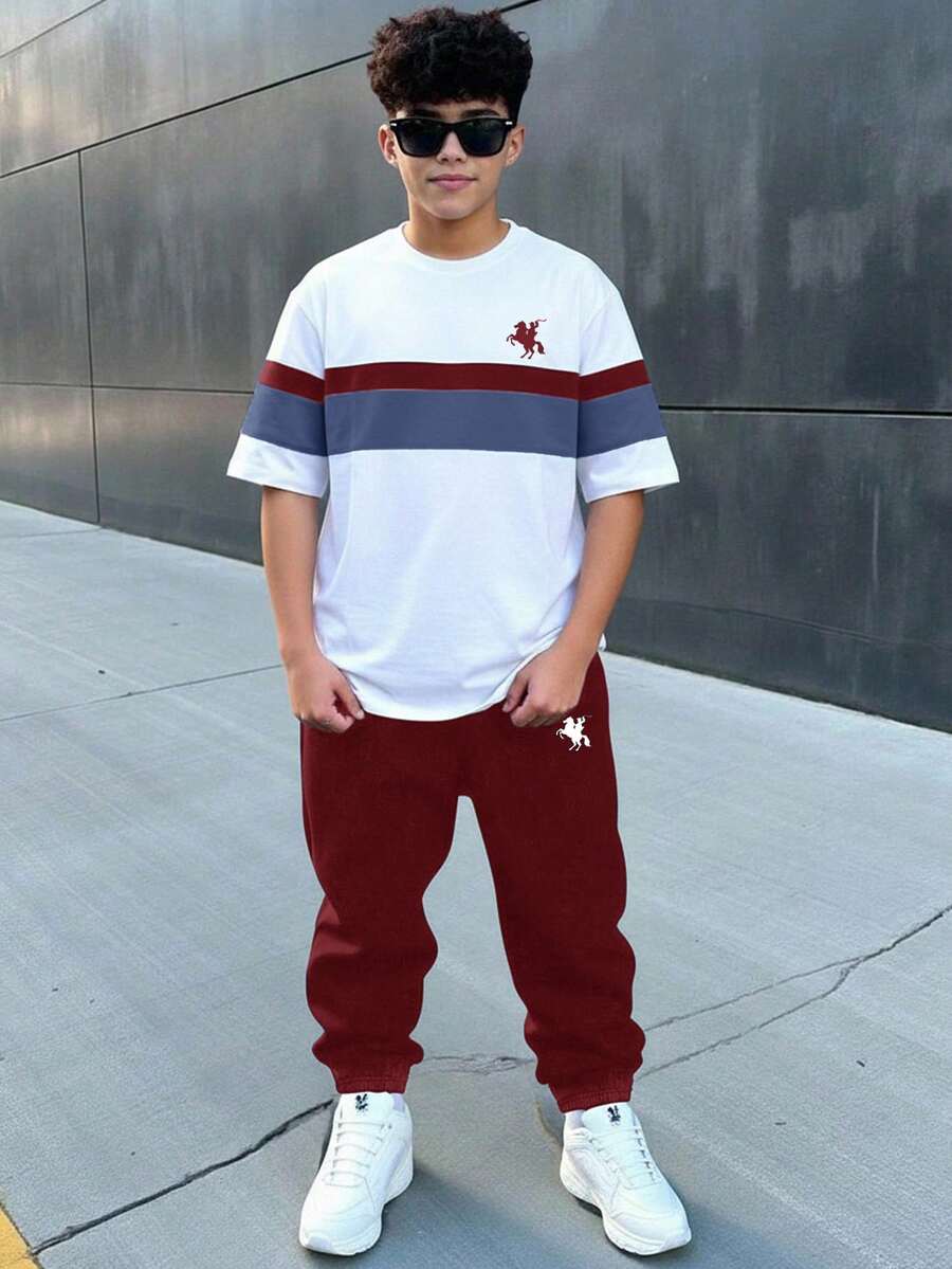 青少年男童休闲简约时尚经典酷炫风格小马标志美式复古运动撞色圆领短袖T恤裤套装,适合街头快拍。 - 白色 - 查看 1