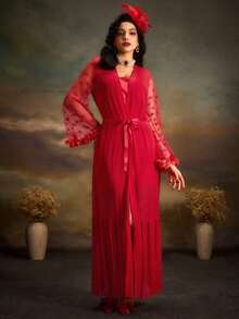3D Floral Decor Mesh Ruffle Hem Loose Fit Robe PerfectSummer - Red - View 4