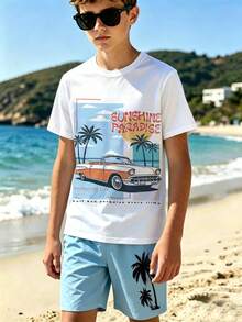 Jungen Sommer lässig 2 Stücke Set: Kurzarm T-Shirt mit Kokosnussbaum Muster Shorts, Vintage Auto Muster, bequem & vielseitig für tägliche Ausflüge - Blau - Übersicht 5