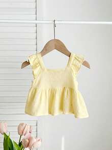SHEIN Blus Bayi Perempuan Kasual Lucu dengan Tekstur dan Pita, Serbaguna untuk Musim Panas - Mustard Yellow - View 4