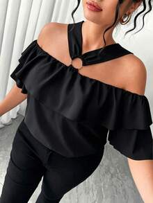 Elenzga Elegant Off-Shoulder Metal Decor Ruffle Trim Off-Shoulder Plus Size Blouse - Black - View 1