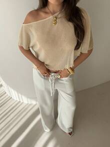 Aloruh Solid Color Asymmetric Neckline Sheer Cover Up With Metallic Threads - White - View 6