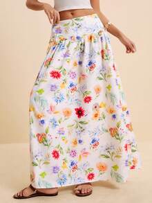 LOTSLUV Women's Elegant Vaquera Tropical Lovely Boho Summer Vacation Long Skirt - White Floral Base With Ditsy Print Ruffled Smocked Waist Loose Casual Party - Multicolor - View 3