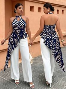 Weeklong Plus Size Women's Casual Elegant Vacation Halter Neck Cinched Waist Asymmetrical Hem Blouse, Spring/Summer Wedding Guest Navy Blue - Multicolor - View 3
