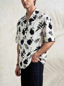 Airaco Men's Printed V-Neck Short Sleeve Shirt - Black and White - View 1