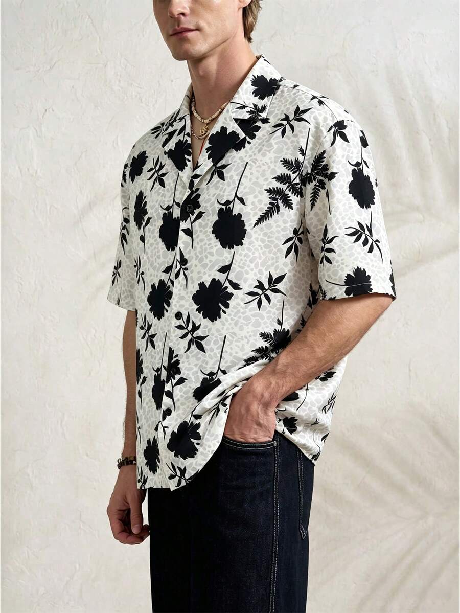 Airaco Men's Printed V-Neck Short Sleeve Shirt - Black and White - View 1