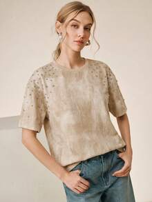 Anewsta Áo thun nữ mùa hè mới, cổ tròn, tay ngắn, dáng rộng, đính đá lấp lánh, chất liệu vải mài nhám, thích hợp mặc hàng ngày, đi nghỉ mát và đi làm. - Màu Khaki - Xem 4