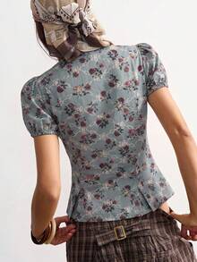 Bohemela Camisa casual de mujer con estampado tejido y encaje en contraste - Azul - Ver 8