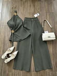 Set de 2 piezas con parte superior sin mangas de hombro asimétrico y falda para mujeres - Verde Oscuro - Ver 3