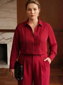 MOTF PREMIUM PLUS SIZE WOMEN'S COMMUTER FOLD PLEATED BUTTON FRONT SHIRT - Red - View 5