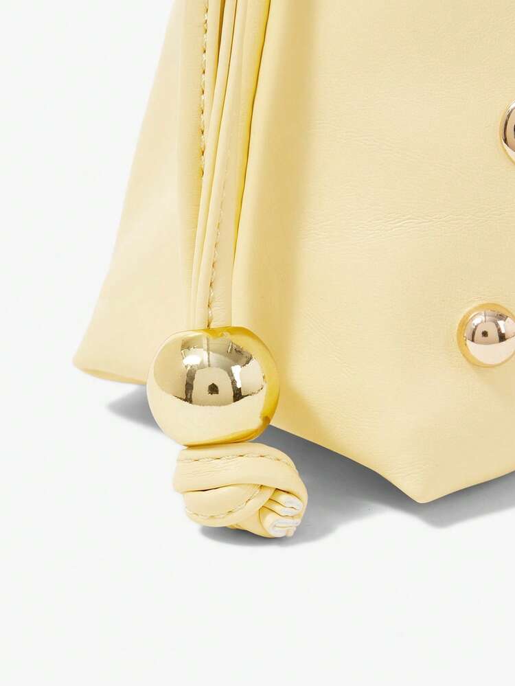 SHEIN Maija Ladies, Women Clutches, Drawstring Clutch, Faux Leather, Pale Yellow With Gold Rivets, Fashionable, Elegant, Simple, Personalized, Versatile, Classic, For Commute, Office, Date, Daily, Shopping, Afternoon Tea