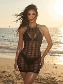 Swim SXY Đầm che phủ cổ yếm bằng vải lưới họa tiết răng cưa dành cho nữ, thích hợp cho kỳ nghỉ. - màu đen - Xem 1