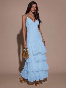 SHEIN BAE Women's Solid Color Ruffled Hem Elegant Spaghetti Strap Dress - Baby Blue - View 6