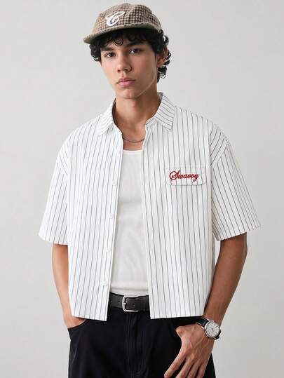 NORVETH Men's Casual Daily Commute Letter Embroidery Striped Print Short Sleeve Shirt, Summer
