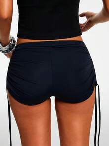 Nooralise Women's Regular Casual Solid Color Drawstring Pleated Sports Shorts - Black - View 2