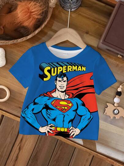 SUPERMAN X SHEIN Boys' Round Neck Short Sleeve Cute Allover Print Casual T-Shirt, All-Over Print