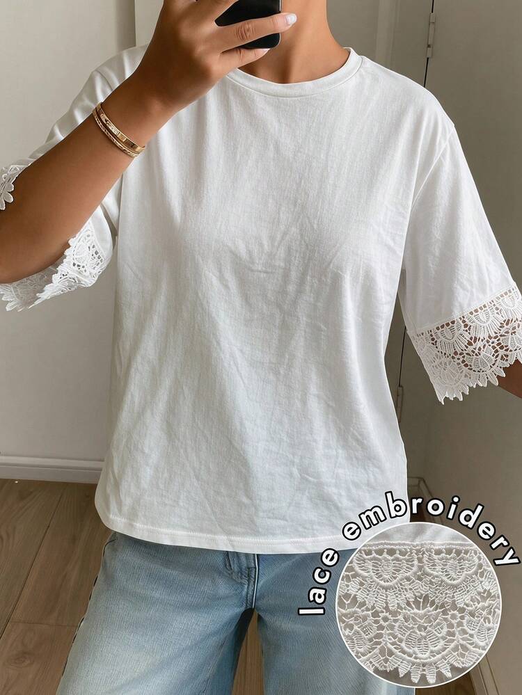 Women's Summer Round Neck Short Sleeve Lace Splice Cuff Loose Casual Elegant Pullover T-Shirt