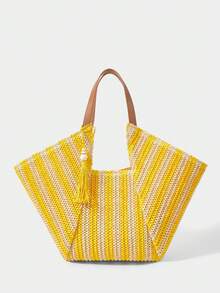 Boho Woven Straw Tote Bag, Large Capacity With Fringe And Striped/Smooth PU Handles For Beach, Vacation, Summer - Yellow - View 3