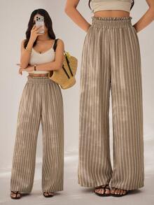 SHEIN PETITE 女款高腰棕色條紋寬腿褲，夏季波希米亞度假休閒穿搭，休閒垂直條紋舒適直筒長褲，適合嬌小女性 - 杏色 - 查看 5