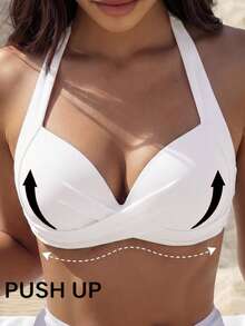 Voyashape Top de traje de baño de un solo color con escote de halter para playa de verano - Blanco - Ver 8