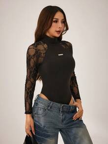SHEIN PETITE Áo liền thân tay dài phối ren thời trang nữ - màu đen - Xem 6