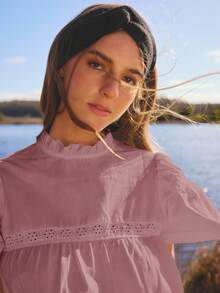 Aralina Women's Solid Color Frill Collar Short Sleeve Casual Shirt - Dusty Pink - View 4