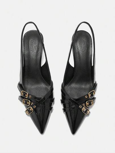CUCCOO CURVES Women Shoes Wide Fit Fashion Pointed Thin High Heel Black Multiple Straps Buckle Slingback Women's Shoes Simple Classic Daily Comfort Fattened High Heel Women's Shoes Plus Size