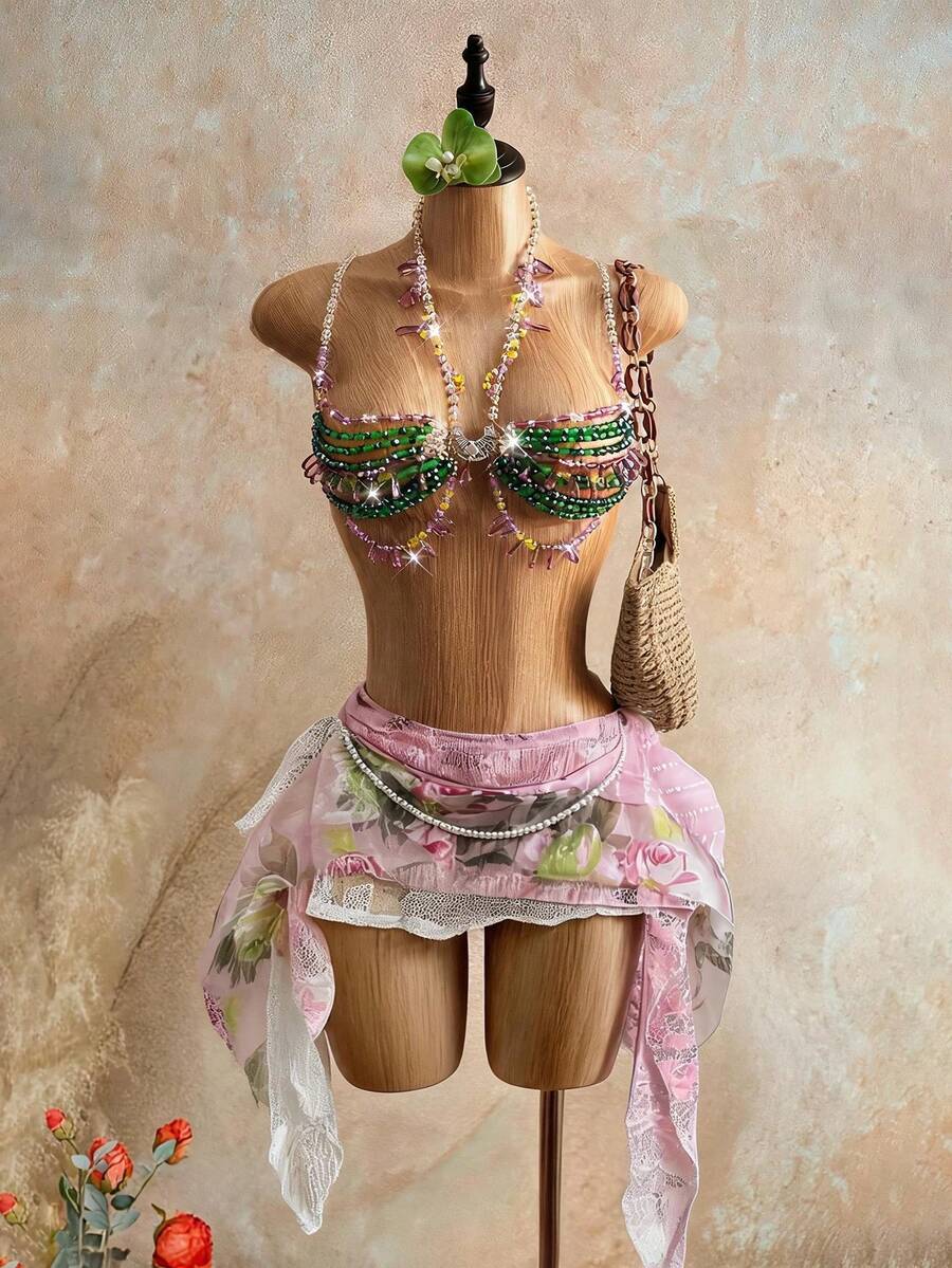 Mistrie 女款綠色亮片串珠細肩帶上衣，水晶水鑽比基尼內衣，適合夏季海灘度假、電音派對、夜店穿著，全息 Y2K 風格 - 綠色 - 查看 1