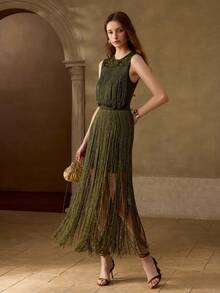 MOTF PREMIUM VESTIDO LARGO CON CINTURA CEÑIDA, ELEGANTE Y LUJOSO, CON PARCHES DE LENTEJUELAS, CUENTAS Y FLECOS, ADECUADO PARA BANQUETES Y FIESTAS EN OTOÑO/INVIERNO, VERDE MILITAR - Verde militar - Ver 4