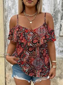 SHEIN Holidaya 大码女式印花衬衫，适合约会、浪漫假期、日常休闲穿着，百搭，春夏款 - 彩色 - 查看 1