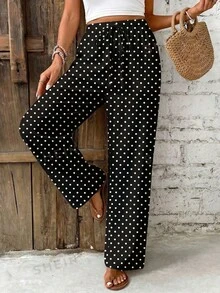 SHEIN Frenchy Pantalones casuales de cintura alta con estampado de lunares y lazo frontal, con cintura elástica para mujer - Blanco y Negro - Ver 4