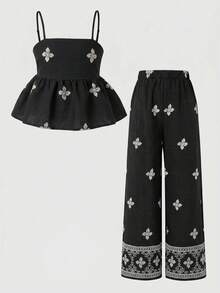 SHEIN 青少年女孩刺繡細肩帶背心與休閒長褲套裝 度假風 黑色 夏季 - 黑色 - 查看 5