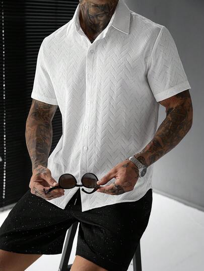 SLATEMANN Conjunto de camisa de manga corta con textura y lentejuelas y pantalones cortos con cordón en la cintura, para hombre, casual de verano para vacaciones y uso diario