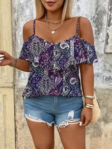 SHEIN Holidaya 大码女式印花衬衫，适合约会、浪漫假期、日常休闲穿着，百搭时尚，春夏款 - 彩色 - 查看 4