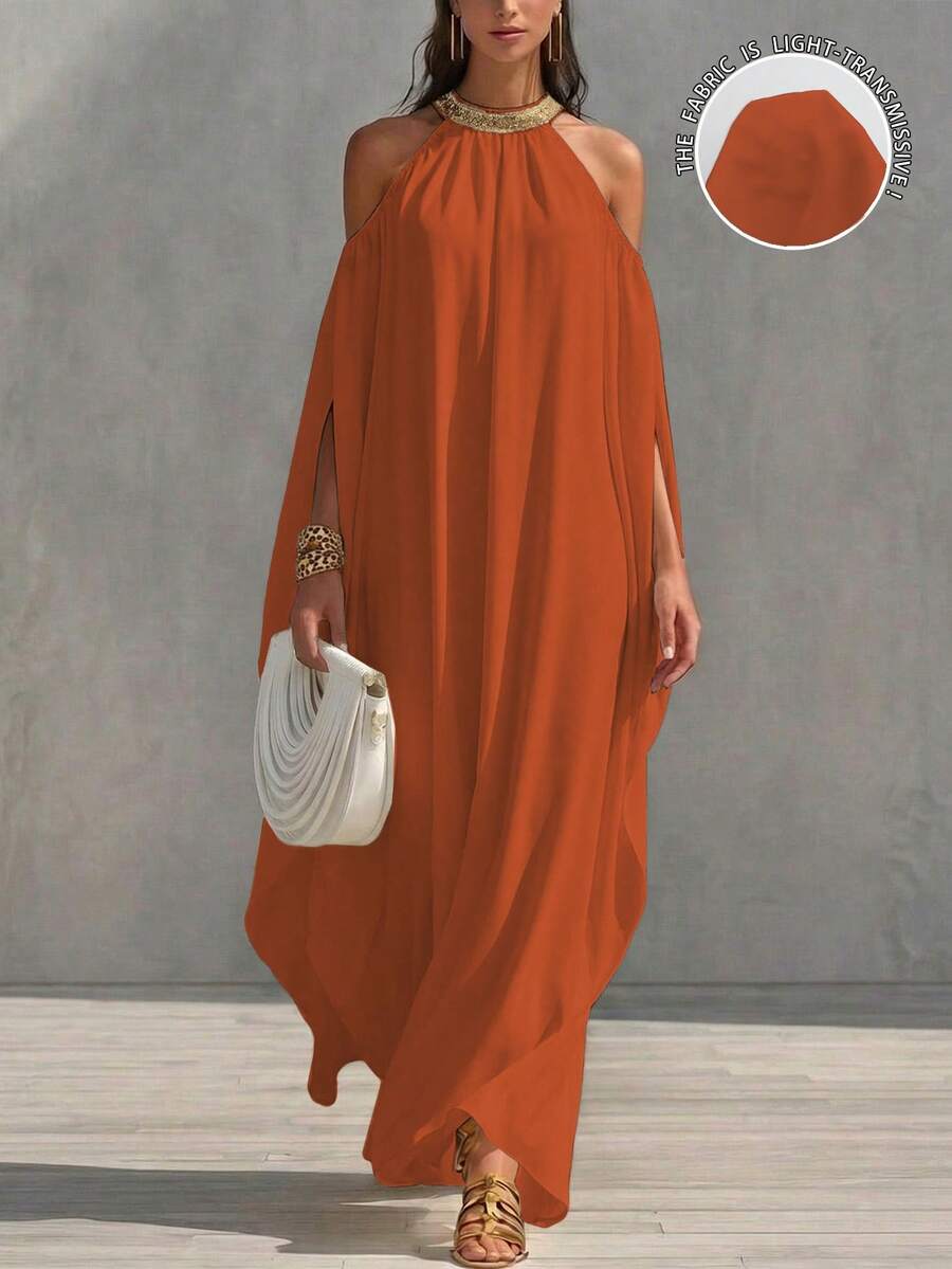 SHEIN LUNE Vestido largo con cuello en V, manga larga, abertura lateral, decorado con bordado de lentejuelas doradas y hombros abiertos drapeados para mujeres - Naranja - Ver 1