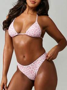 MISSGUIDED Conjunto de bikini triángulo con estampado de leopardo rosa, traje de baño de dos piezas para playa y vacaciones de verano, parte superior halter reversible y Bottom brasileña - Rosa - Ver 6