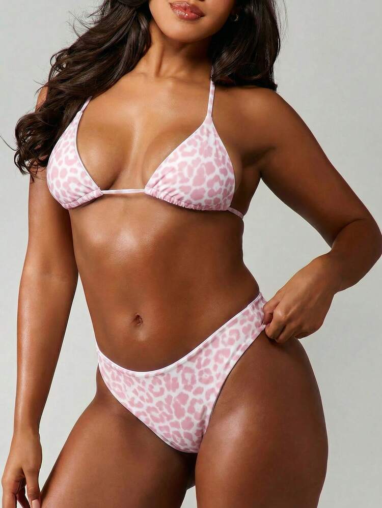 MISSGUIDED Pink Leopard Print Triangle Bikini Set Two Piece Swimwear Beach Summer Vacation Reversible Halter Top Brazilian Bottom