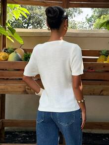 Muchica Cardigan Rajut Prancis Kasual Lengan Pendek Kancing Depan Warna Polos untuk Wanita, Warna Putih untuk Makan Siang di Musim Gugur - Aprikot - View 2