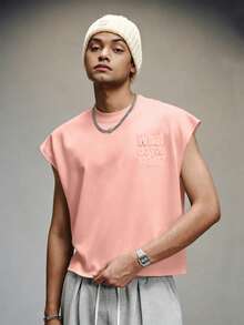 PAVTROS Men's Slogan Print Round Neck Sleeveless Tank Top, Holiday - Pink - View 2