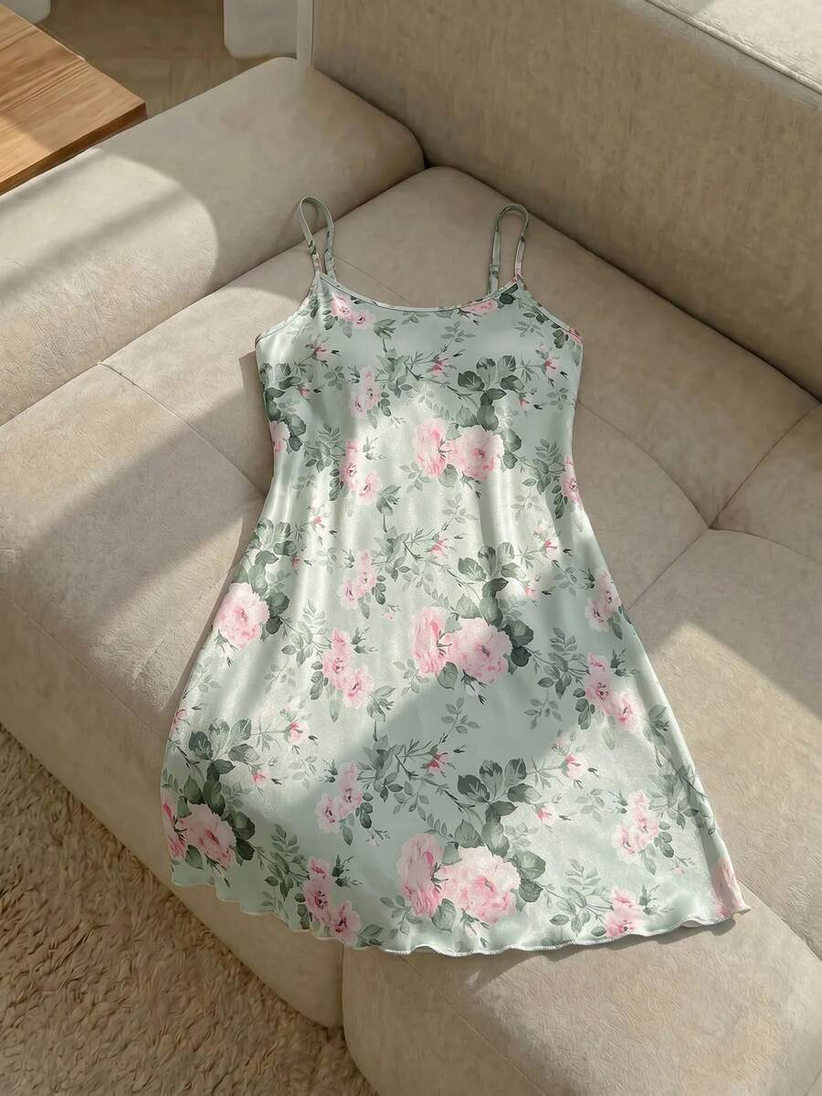 Resyla Summer Floral Printed Cami Sleep Dress Pajama Dress - Green - View 1