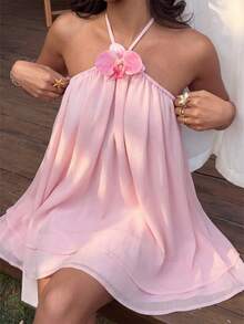 Sunnyshic Women's Pink Rhinestone Chiffon Halter Sleeveless Open Shoulder Dress, Beach Vacation Outfit - Pink - View 4