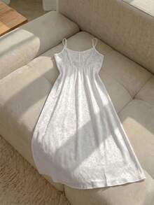 Resyla Ladies Contrast Lace Jacquard Faux Silk Sleeveless Long Nightgown, Moo Moo - White - View 2