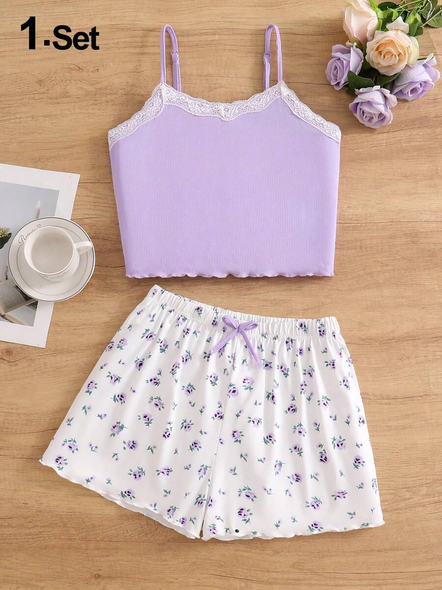 Women's Lace Trim Ribbed Camisole And Ditsy Floral Shorts Casual Cute Knit Pajama Set Pink White Summer - Purple - View 1
