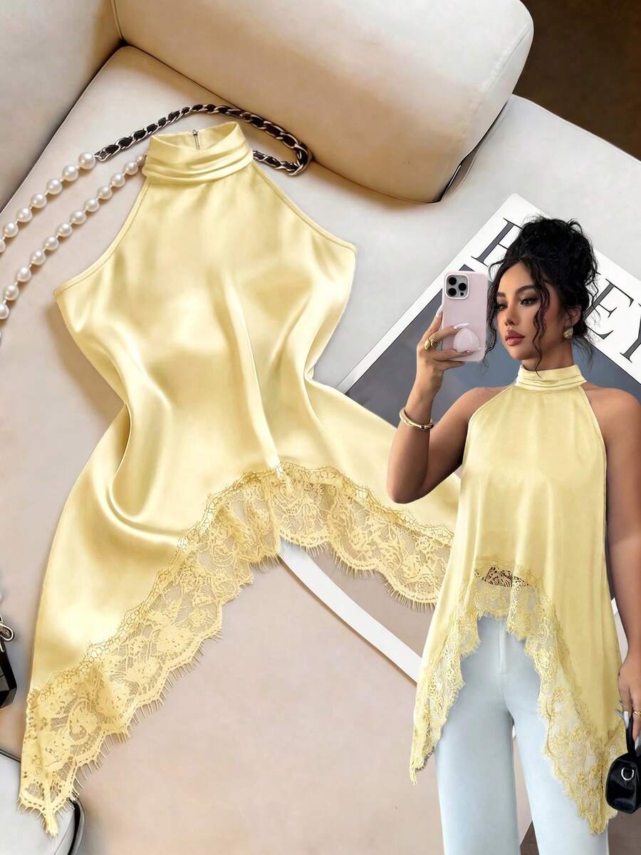 SHEIN Elenzya 女士优雅度假风纯色缎面撞色蕾丝不对称下摆露背吊带上衣,夏季 - 黃色 - 查看 1