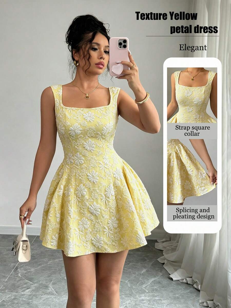 Rafferiza Đầm ngắn nữ màu xanh dương, cổ rộng, không tay, eo xếp ly, chất liệu jacquard, kiểu dáng thanh lịch và lãng mạn, thích hợp cho lễ tốt nghiệp, dạ hội, tiệc tùng, lễ hội âm nhạc hoặc kỳ nghỉ. - Vàng nhạt - Xem 1