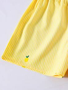SHEIN 2件套少女休闲Polo领条纹拼接蝴蝶装饰长袖衬衫和条纹拼接短裤套装，春秋季 - 黃色 - 查看 8