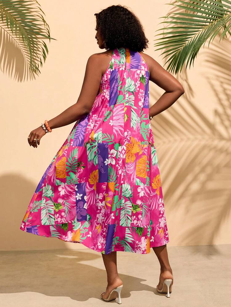 Plus Size Women Tropical Plant Print Halter Neck Dress