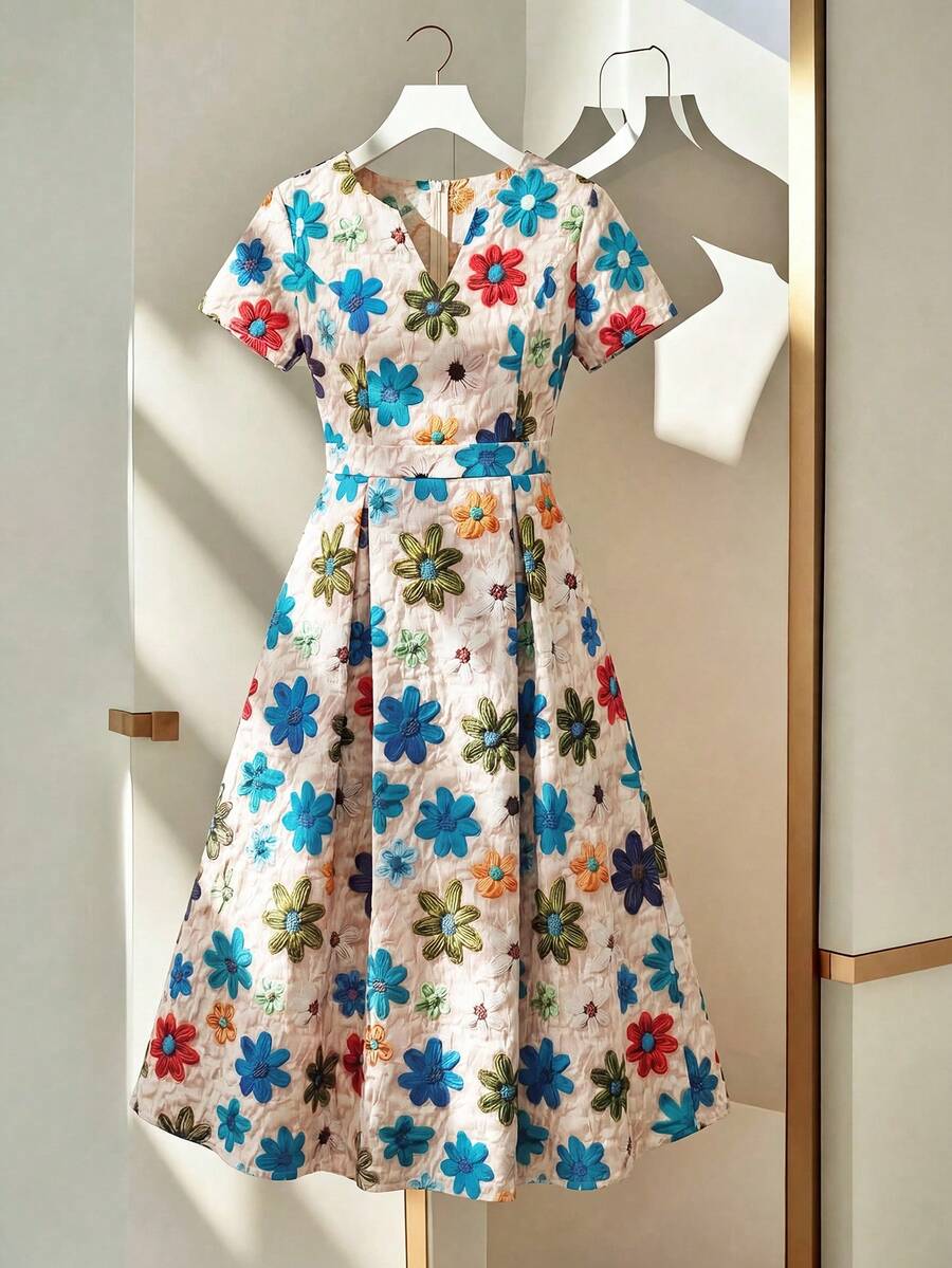 GlowEve CURVE 大码女式时尚优雅印花V领短袖腰部系带连衣裙,适合春夏穿着,适合户外穿着 - 藍色 - 查看 1